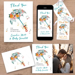 May include: Thank you cards with a floral umbrella design. The text on the cards reads "Thank You for showering us with love! Caroline, Matt & Baby Scarlett".