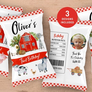 May include: Three red and white gingham chip bags with a farm theme. The bags feature a red barn, a windmill, a cow, a chicken, a donkey, and a pig. The text on the bags reads "Oliver's Third Birthday!" and "Birthday Nutrition Facts".
