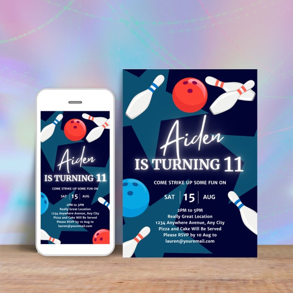 Modèle d'invitation de bowling 11e anniversaire, imprimable et numérique Kids Bowling Invite Girl or Boy, Editable Canva Instant Download BL1