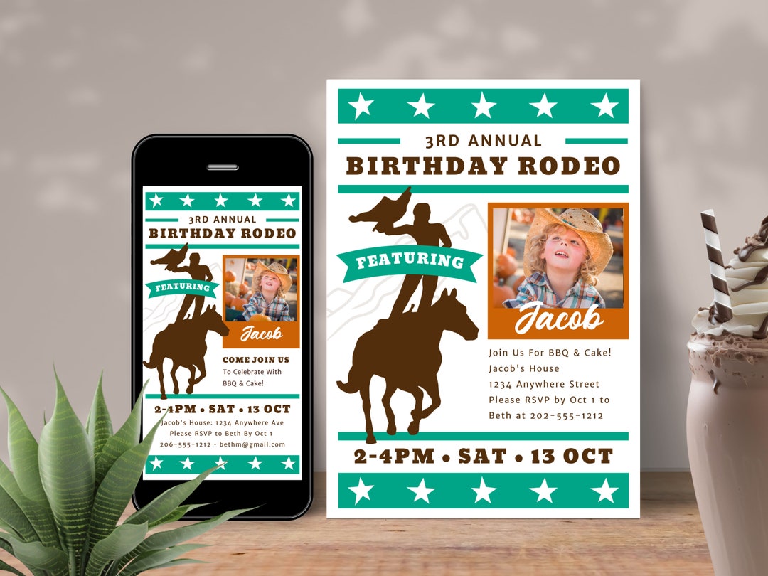 Rodeo 3rd Birthday Invitation Template, Editable Wild West Cowboy Photo ...