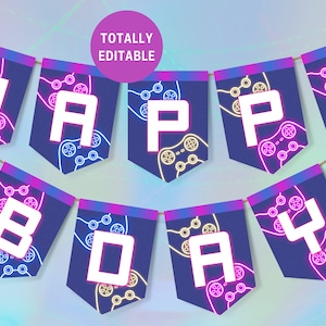 May include: A blue and purple banner with neon pink and yellow game controller graphics. The banner says "Happy Birthday" with a number 4 on each end.