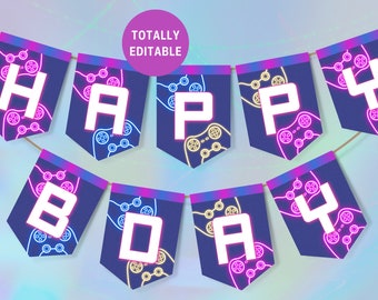 Banner de cumpleaños de juegos para niña, decoración del controlador de neón del tema del videojuego para arcade o fiesta de camiones de juegos, descarga imprimible editable GM3