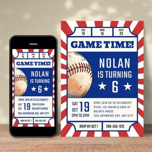 Op de afbeelding: Een baseball-thema verjaardagsuitnodiging voor een jongen die zes jaar wordt. De uitnodiging heeft een rood, wit en blauw kleurenschema met een baseball-afbeelding en de tekst "Game Time! Nolan wordt 6 jaar".