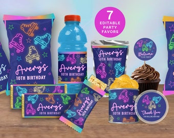 Roller Skating Party Favors For Girl Birthday, Neon Glow Treats Kit: Chip Bag, Chocolate Bar, Rice Krispies, Pringles Can, Capri Sun SK4