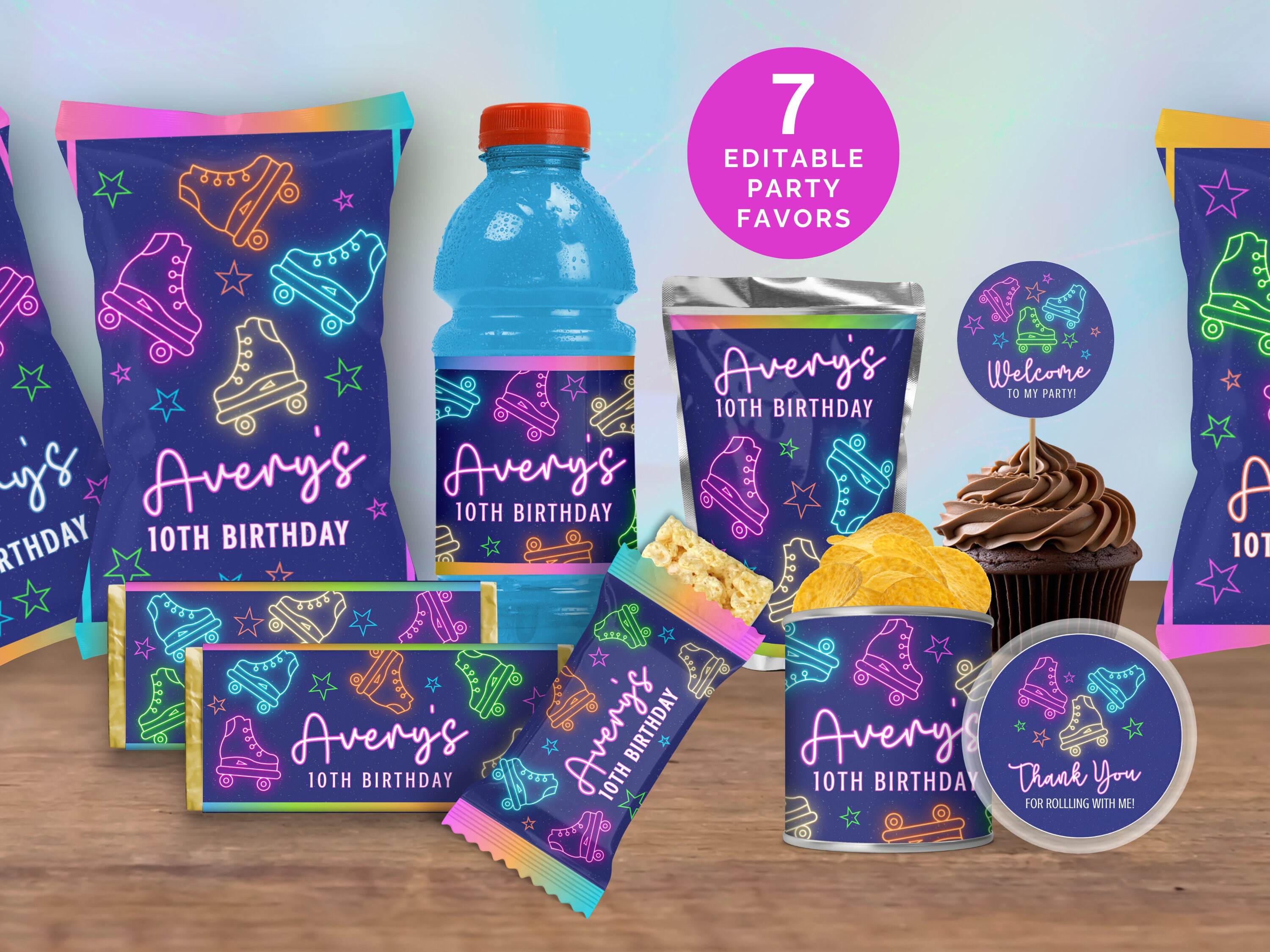 Roller Skating Party Favors For Girl Birthday, Neon Glow Treats Kit: Chip Bag, Chocolate Bar, Rice Krispies, Pringles Can, Capri Sun SK4