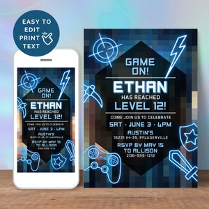 May include: A blue and black pixelated invitation with neon blue text. The invitation says "Game On! Ethan has reached Level 12!" and includes details for a birthday party.