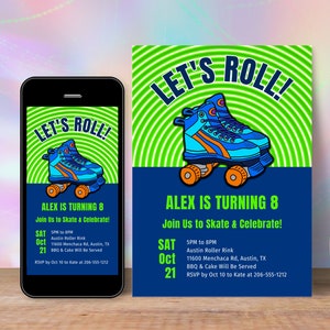 Roller Skate Birthday Invitation Editable Template, Printable + Digital Neon Glow 8th Birthday Disco Skating Rink Party Invite For Boy SK2