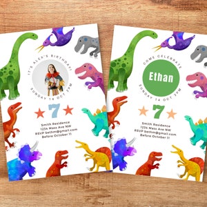 Dinosaur Birthday Invitation with Photo for Boy or Girl, Printable or Electronic, Editable Canva Template Digital Download, DinoD Age7
