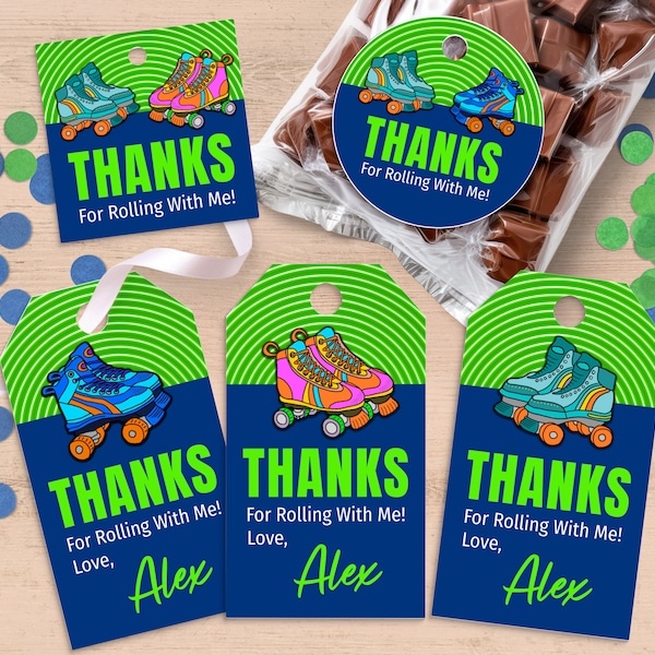 Roller Skating Party Favor Tags For Kids & Teens, Editable Neon Glow Thank You Gift Tags For Boy's Birthday, Printable Instant Download SK2