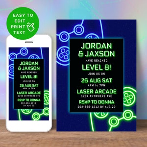 May include: A digital invitation with a neon green and blue design. The invitation is for a birthday party for Jordan and Jaxson. The party is at a laser arcade on 26th August from 4pm to 7pm. RSVP to Donna by 20th August.