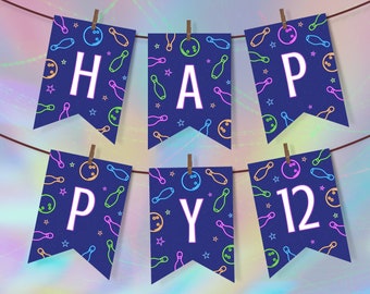 Decoración de cumpleaños de bolos para niña, descarga digital de banner de feliz cumpleaños con brillo de neón, editable e imprimible en casa para niños + fiesta de adolescentes NB1