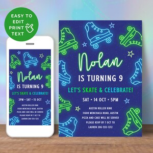 Skate Party Invitation Boy, Editable Neon Roller Skate Birthday Invite Template For 9 Year Old, Digital & 4x6 5x7 Printable Download SK4