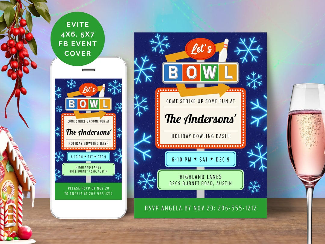 Christmas Bowling Party Invitation Editable Kids Retro Winter Etsy