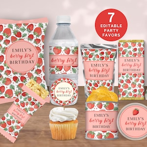 May include: Seven editable party favours with a strawberry theme. The favours include a water bottle, a bag of crisps, a chocolate bar, a cupcake, a small container of sweets, and two bags of snacks. All of the favours have a pink and green background with a white strawberry pattern and the text "Emily's berry first birthday".