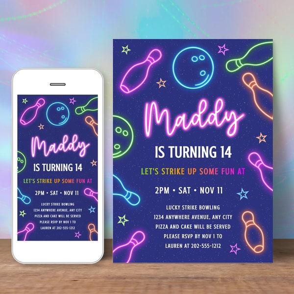 Bowling Birthday Invitation Instant Download Template, Editable Teen Girl Neon Glow Bowling Birthday Party Invite Digital & Printable NB1