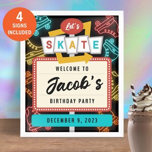 Fête de patin à roulettes imprimable Bienvenue + plaque de faveur, décorations d'anniversaire néon de style rétro pour enfants et adolescents, téléchargement modifiable SK8A