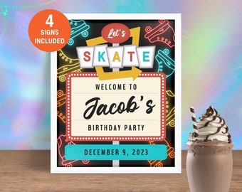 Fiesta de patinaje sobre ruedas imprimible bienvenida + letreros de favor, decoraciones de cumpleaños de neón de pista de patinaje para niños y adolescentes de estilo retro, descarga editable SK8A