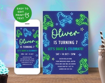 May include: A blue and green neon roller skate birthday party invitation with the text "Oliver is turning 7" and "Let's skate and celebrate!" The invitation includes the date, time, and location of the party.