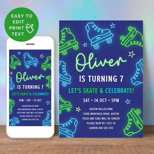 Skate Party Invitation Boy, Editable Neon Glow 7th Birthday Roller Skate Invite For Kids, Printable & Digital For Text, Instant Download SK4