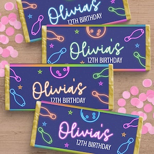 Bowling Party Favors, Printable Neon Glow Birthday Chocolate Bar Wrapper For Kids Bowling Party, Editable Template, Instant Download NB1