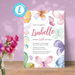 May include: A white invitation with a pink butterfly design. The invitation says "Come Celebrate Isabelle on her 10th Birthday!"  The invitation includes the date, time, and location of the party. It also includes a request to RSVP by a certain date.