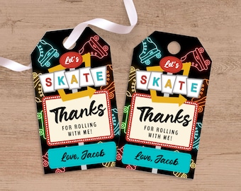 May include: Two black and neon-coloured favour tags with a roller skate theme. The tags feature the text "Let's Skate" and "Thanks for rolling with me!" with a neon sign design. The bottom of the tag has the text "Love, Jacob".