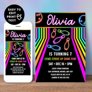 Bowling Birthday Invite Template For 7 Year Old Girl, Editable Neon Glow Rainbow Arcade Bowling Invitation, Digital & 4x6 5x7 Printable AR5