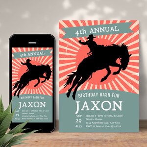 May include: A red and blue birthday party invitation with a silhouette of a cowboy riding a bucking bronco. The text reads "4th Annual Birthday Bash for Jaxon".