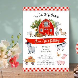 Farm 3rd Birthday Invitation For Boy Or Girl, Editable Barnyard Animals Printable + Electronic Phone Party Invite With Photo & QR Code FM1
