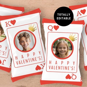 Bolsas de fichas de San Valentín editables, naipes personalizados, envoltorios de patatas fritas con fotos para fiesta imprimible con tema de póquer o casino