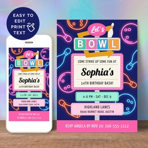 Bowling Birthday Invite For Girl, Editable Neon Pink Retro Party Invitation For 14 Year Old, Digital, 4x6 5x7 Printable + FB Event Cover CB1