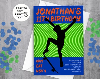 May include: A blue and green birthday invitation with a silhouette of a person skateboarding. The text reads "Jonathan's 11th Birthday" and includes details for the party, including the date, time, and location.