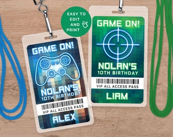 May include: Two printable 'Game On' birthday party badges with a green and blue pixelated background. One badge features a neon blue video game controller and the text 'Game On! Nolan's 10th Birthday VIP All Access Pass Alex'. The other badge features a neon blue target and the text 'Game On! Nolan's 10th Birthday VIP All Access Pass Liam'.