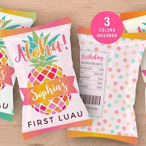 Mädchen Geburtstag Chip Tasche für tropischen Luau Bash, bearbeitbare hawaiianische Ananas Thema Kartoffel Chip Wrapper für Mitbringsel, printable Download LP3