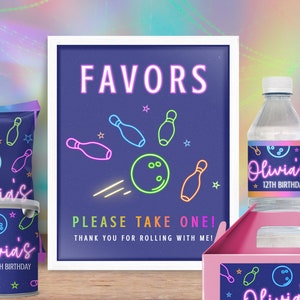 May include: Neon pink and blue bowling-themed party favor labels with the text "Olivia's 12th Birthday" and a bowling ball and pins design. The labels are on a variety of party favors, including a bag of chips, a water bottle, a small container, and a pink favor box.