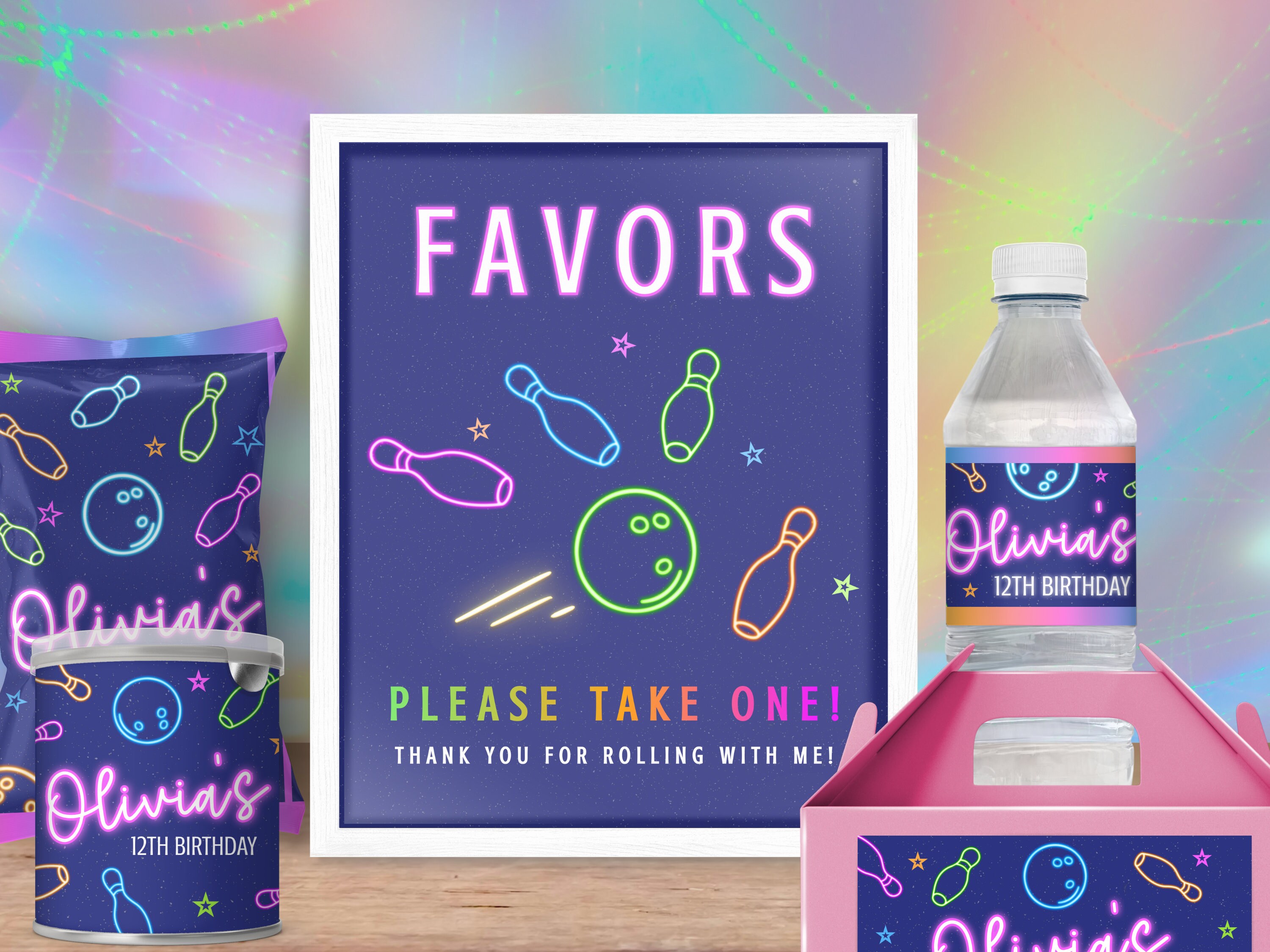 Signo de favor de fiesta de bolos para cumpleaños de niña, gracias de neón por venir, tome un cartel para niños y adolescentes, descarga imprimible Templett NB1