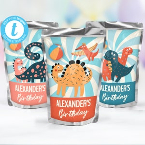 Dinosaurier-Geburtstagsparty-Gastgeschenk für Kinder, bearbeitbarer personalisierter Saftbeutel-Etikettenaufkleber für Pool-, Spritz- oder Sprinklerparty DN1
