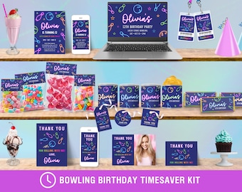 Bowling Birthday Party Girl Invitation, Neon Glow Kids Favor Bundle: Thank You + Loot Bag Tag, VIP Pass, Candy Bar & Potato Chip Wrapper NB1
