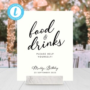 May include: A white sign with black text that reads "food & drinks" and "Please help yourself!"  Below the text is "Maddy's Birthday" and "23 September 2023". The sign is sitting on a white marble stand.