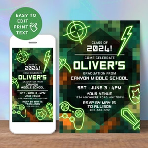 May include: Green and orange pixelated invitation for a graduation party. The invitation says "Class of 2024! Come Celebrate Oliver's Graduation from Canyon Middle School" with a date and time of "Sat. June 3 - 4pm" and a location of "1234 Anywhere Road, Any Town". The invitation also includes a phone number to RSVP: 206-555-1212.