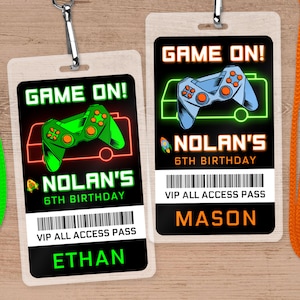 Modello di pass VIP per camion di giochi per feste di compleanno, badge di accesso completo stampabile con luce al neon per ragazzi, carta di invito VIP scaricabile GM4