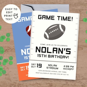 May include: Football-themed birthday party invitations. The design features a football graphic and the text "GAME TIME!" The invitation includes the name "Nolan's" and the date, time, and location of the party. Green confetti is scattered around the invitations.