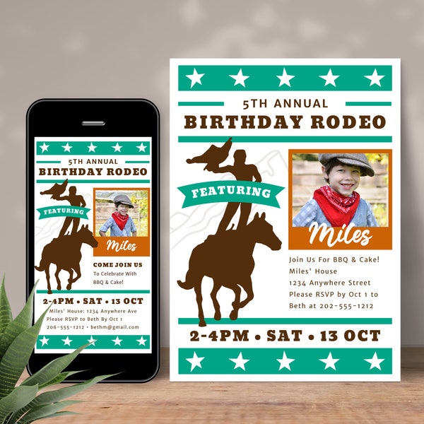 Rodeo 5th Birthday Invitation Template, Editable Wild West Cowboy Photo Invite For 5 Year Old Boy, Digital + Printable, Instant Download RC2