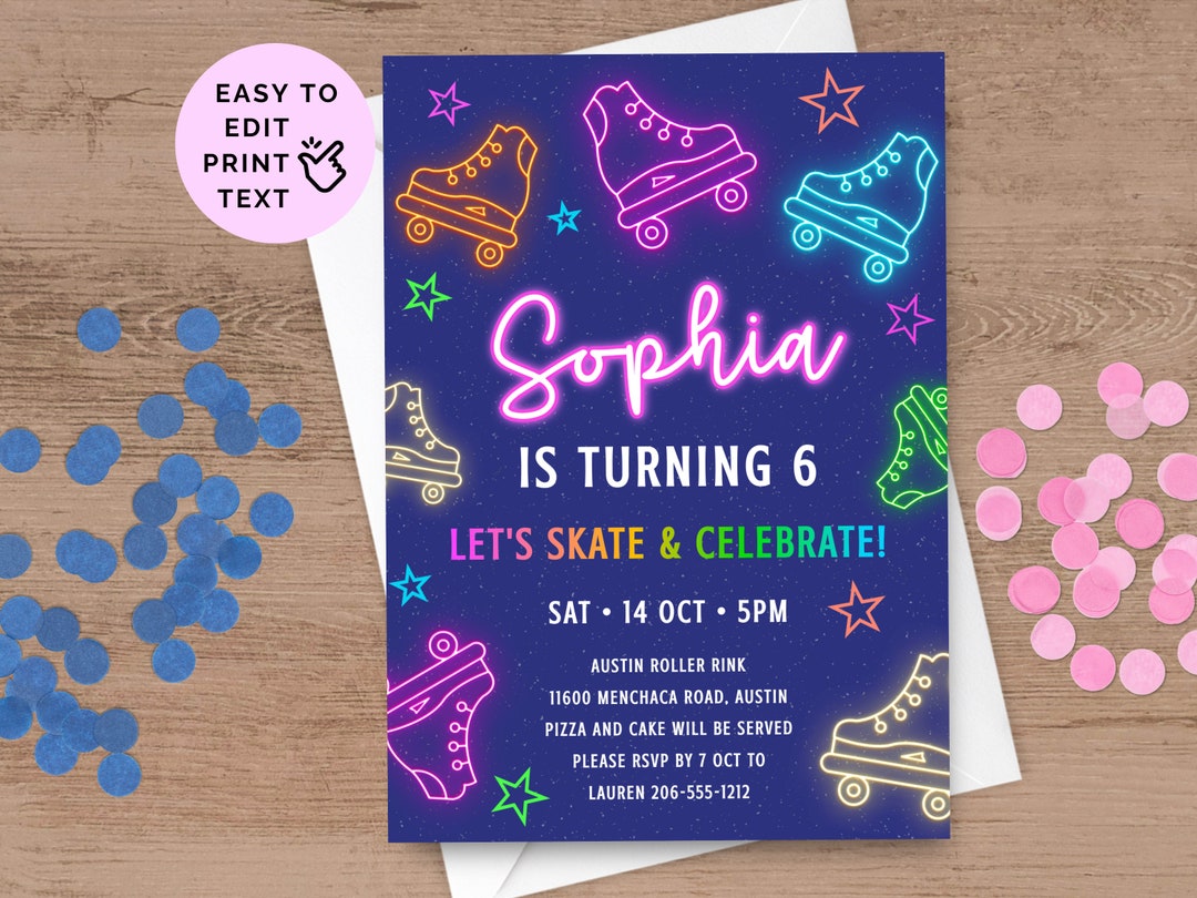 Roller Skating Party Invitation Download Neon Glow 6th Etsy
