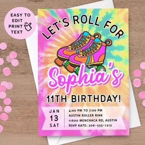 Skate Party Invitation Printable + Digital For Girl, Tie Dye Neon Roller Skate 11th Birthday Invite For Kids & Teens, Editable Download SK6