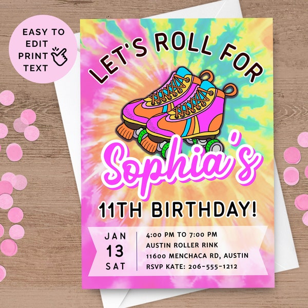 Skate Party Invitation Printable + Digital For Girl, Tie Dye Neon Roller Skate 11th Birthday Invite For Kids & Teens, Editable Download SK6