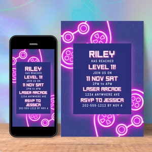 Video Game Birthday Invitation Editable Template, Neon Glow Pink Game Truck Or Arcade Invite For 11 Year Old Girl, Digital & Printable GM3