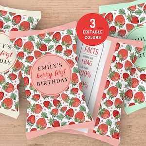 May include: Party favor bags with a strawberry pattern and the text "EMILY'S berry first BIRTHDAY" in a circular design. The bags have a white background with red strawberries and green leaves. The design includes a red circle with the text "3 EDITABLE COLORS".
