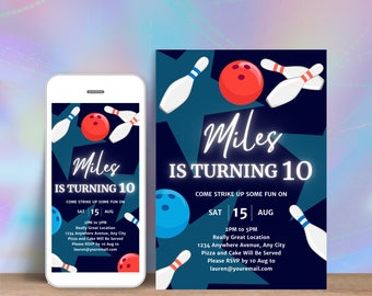 Puede incluir: Una bola de bolos azul y blanca con un pin rojo y el texto "Miles is turning 10" sobre un fondo azul oscuro. La invitación dice "Come strike up some fun on Sat 15 Aug 2PM to 5PM Really Great Location 1234 Anywhere Avenue, Any City Pizza and Cake Will Be Served Please RSVP by 10 Aug to lauren@youremail.com".
