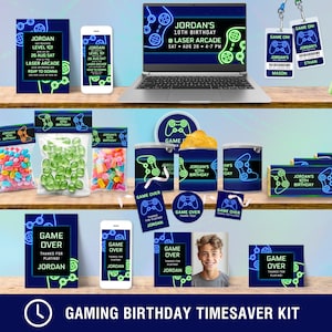Videospiel-Geburtstagseinladungs- und Geschenkset zum Thema „Junge Game Truck“ oder Arcade-Party, Neon-Dankeschön-Anhänger, VIP-Abzeichen, Pringles Wrappers GM1